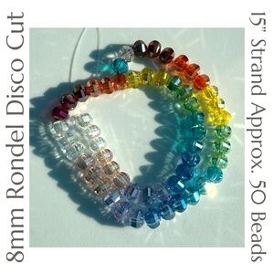 Glass Rainbow Disco Cut Faceted 8mm Rondel Beads‎ Strand - 50+ Beads